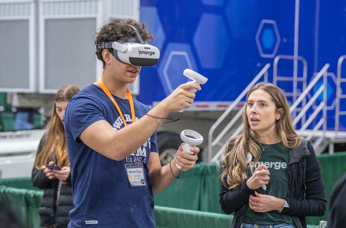 A student exploring careers in EmergeXR virtual reality
